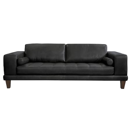 Armen Living Wynne Contemporary Sofa in Genuine Black Leather with Brown Wood Legs LCWY3BLACK